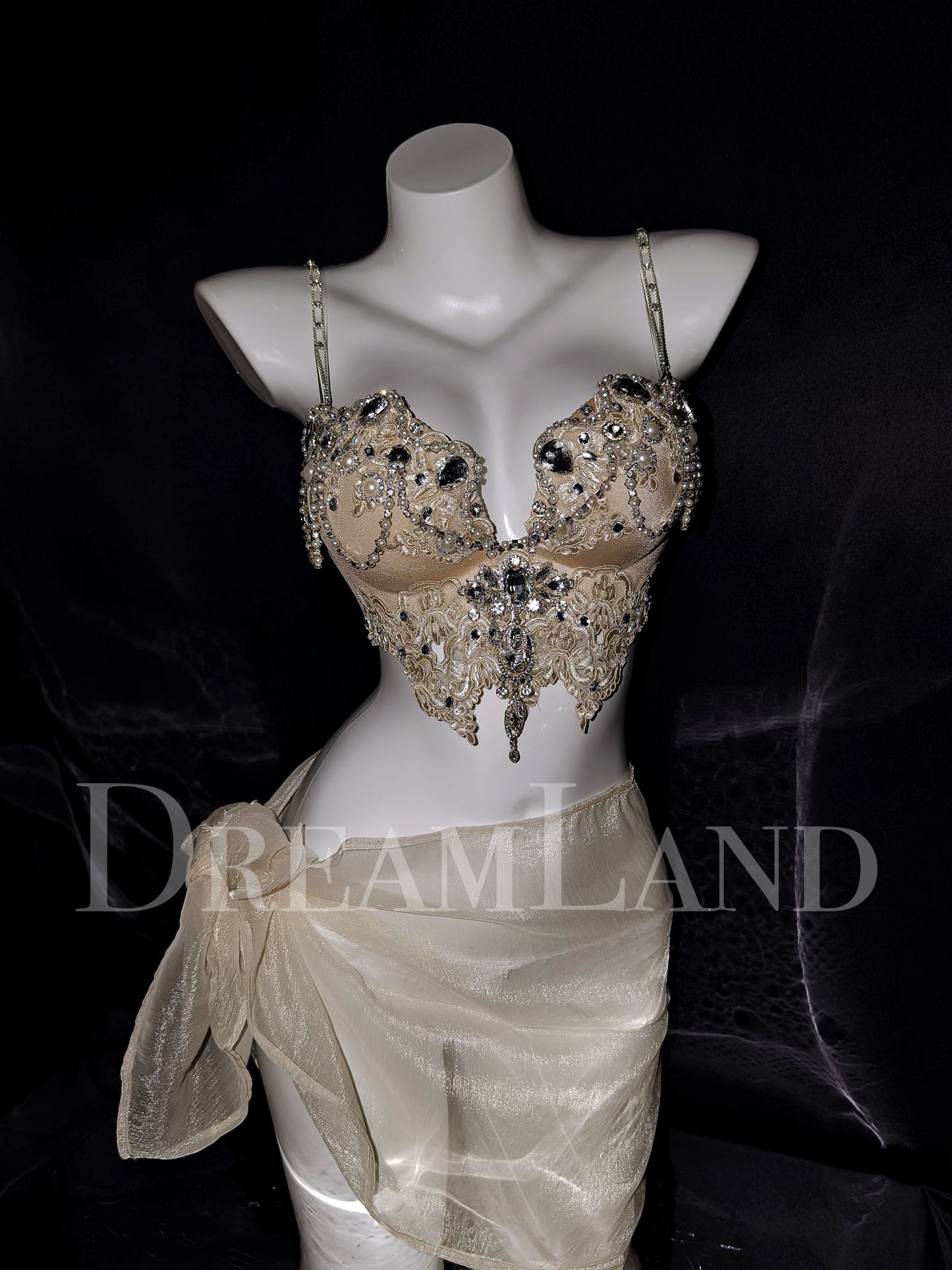 Golden Fantasy (3PC) - DreamLand Rave handmade rave set with rhinestone bra